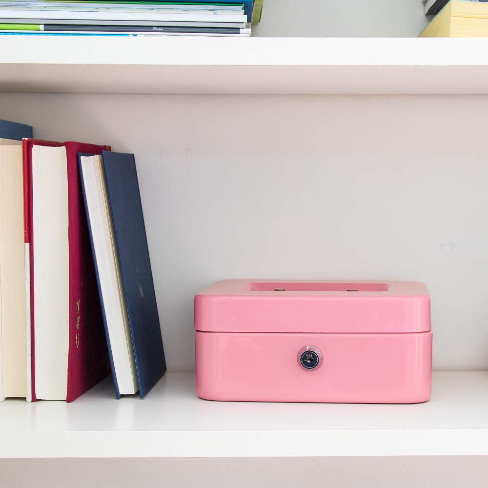 Fireproof Waterproof Box with Key Lock Safe 1Pc Mini Portable Steel Petty Lockable Cash Money Coin Safe Security Box Household for Daily Use Household and Traveling Small Pink