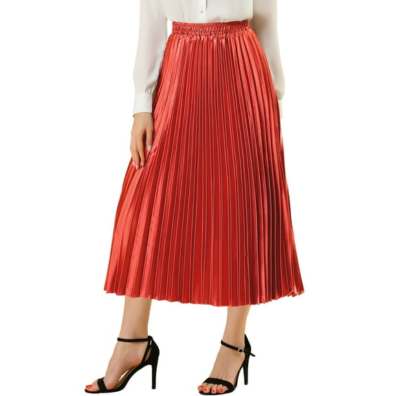 Allegra K Women's Elastic Waist Metallic Shiny Accordion Pleated Midi Skirt