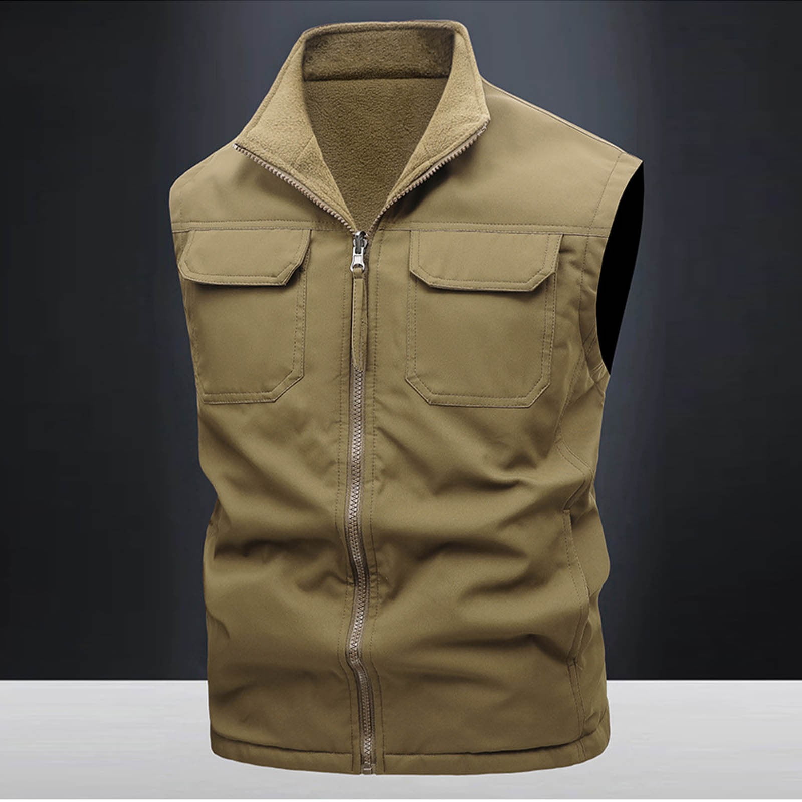 Zedker Men's Windproof Lightweight Golf Vest Outerwear Softshell Sleeveless Jacket for Running Hiking Sports with Pockets Khaki XXXXL