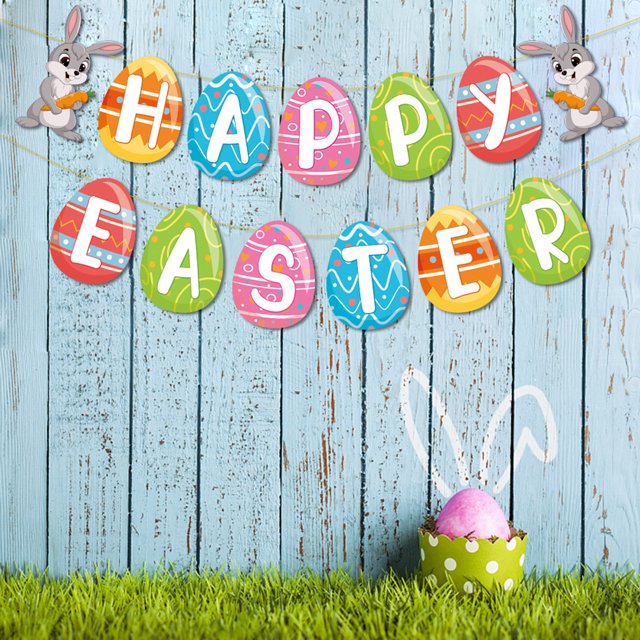 YAOMOBB Easter Decorations Colorful Easter Banner Cartoon Bunny Egg Pattern Festive Hanging Bunting