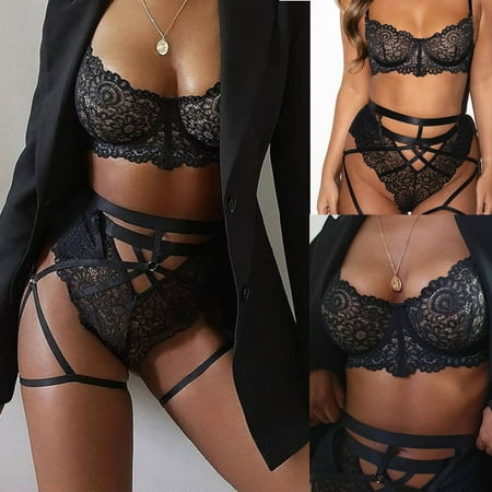 

KOOYI Women s Fashion Sexy Lace Two-Piece Suit Solid Color Wireless Bra Sexy Underwear Panties Valentine s Nightgown Pajamas Black / L