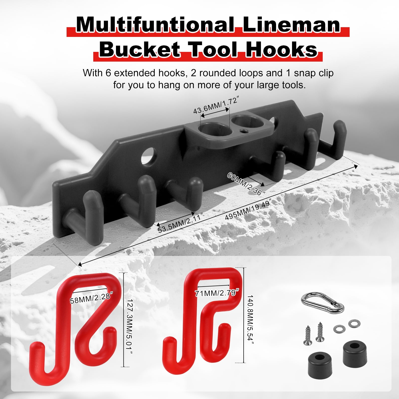 RULLINE Lineman Tool Board Bucket Truck Tool Organizer for Bucket Hooks and Lineman Bucket Accessories Including 2PCS 2” and 2PCS 3” Aerial Bucket Hooks