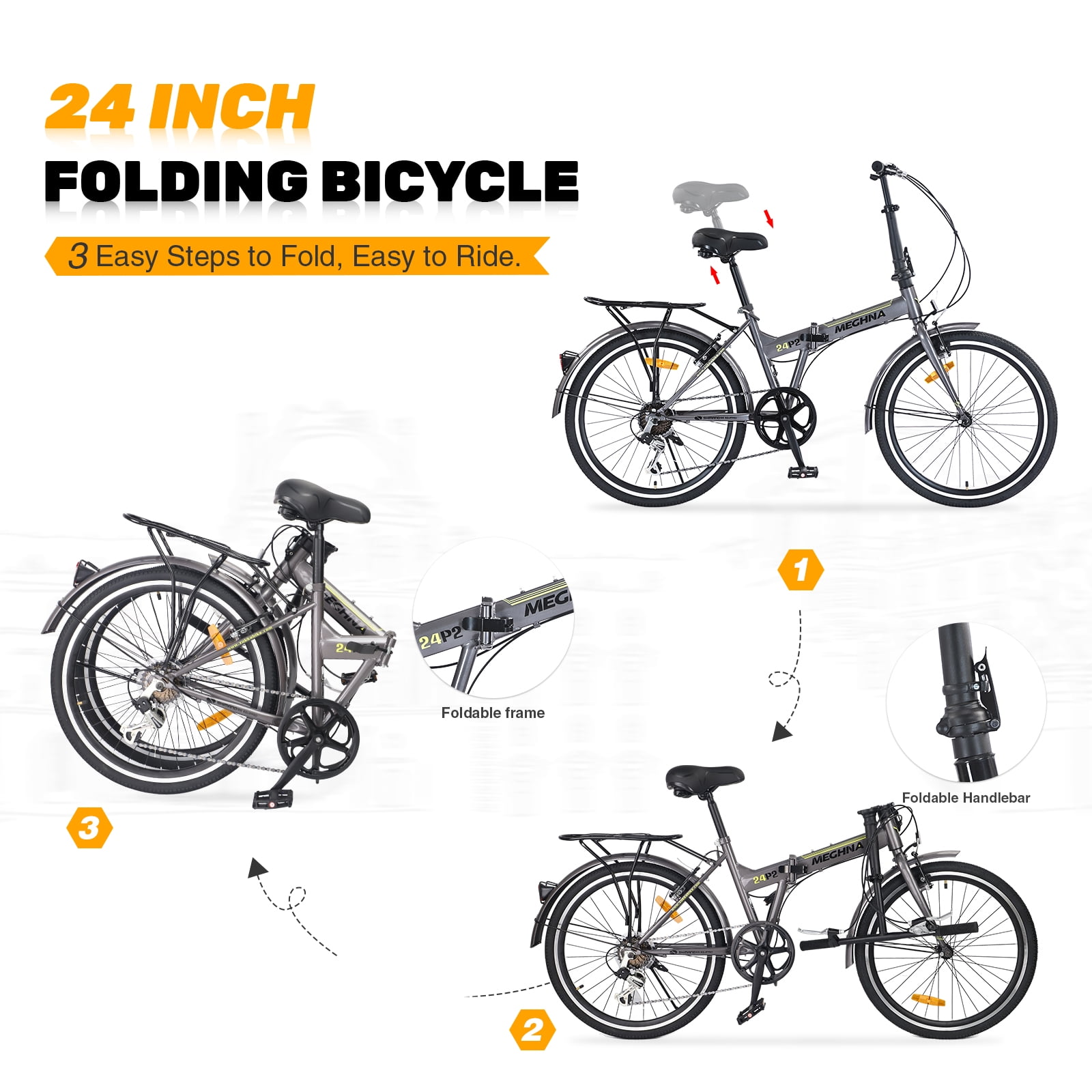 24-Inch Lightweight Folding Bike with Steel Frame, 7-Speed City