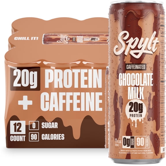 SPYLT High Protein Milk, Chocolate, 20g Protein, 60mg Caffeine, Sugar Free, 11 fl oz, 12 Cans