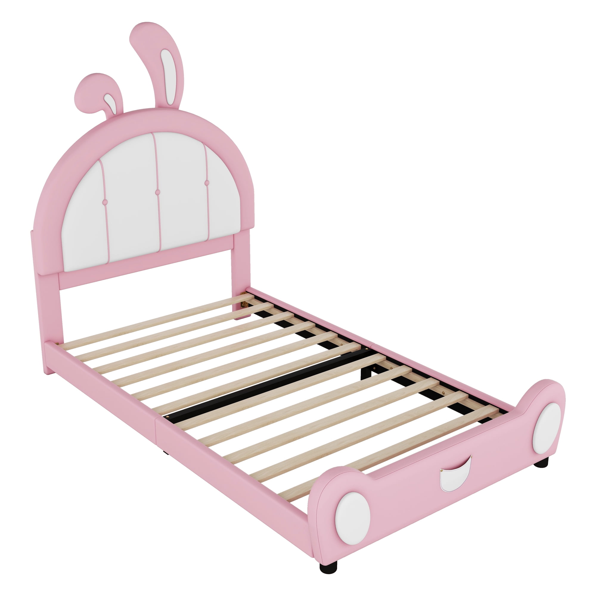 EUROCO Upholstered Twin Platform Bed, Cartoon Bunny Bed for Toddler Kids Teens, No Box Spring Needed, Pink