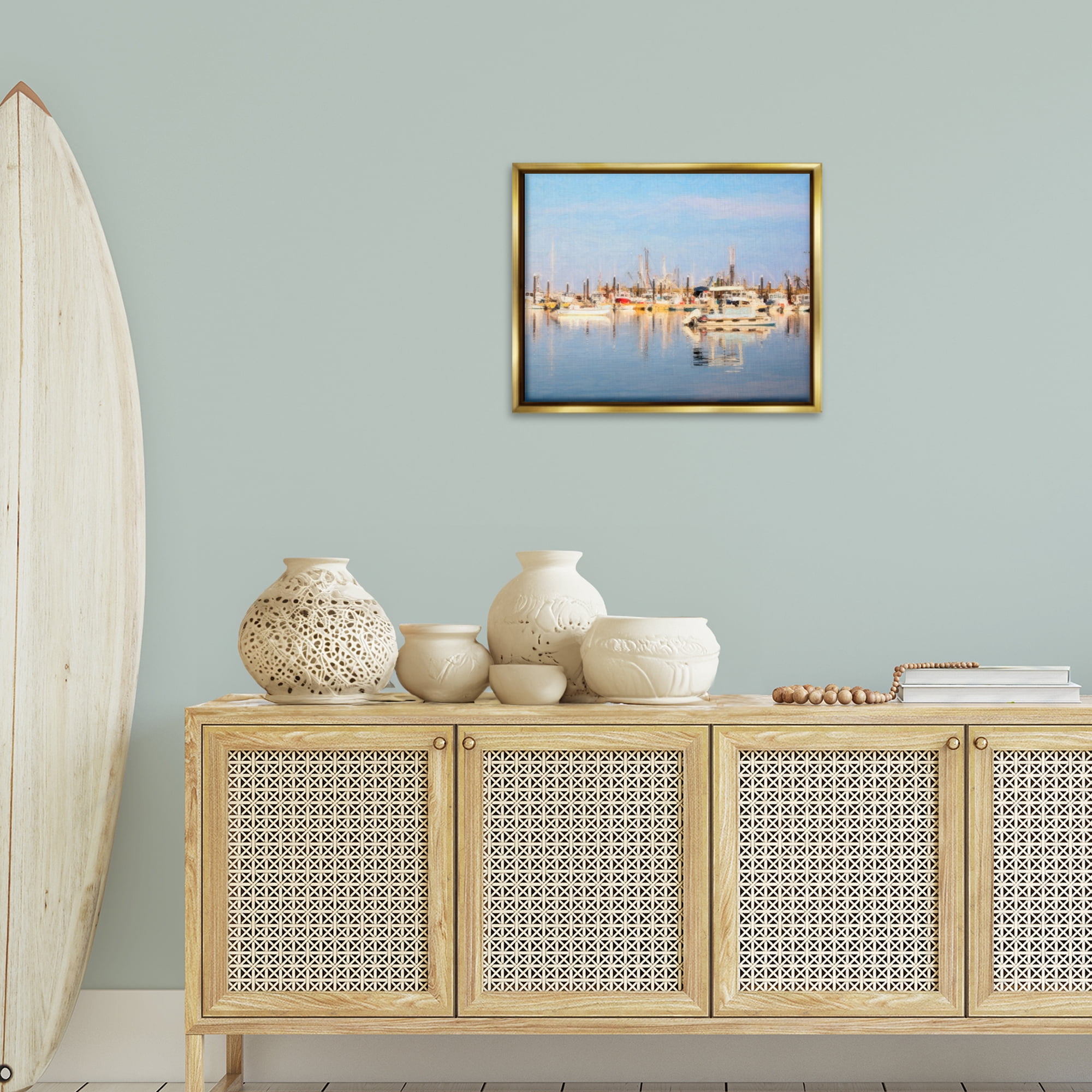 Stupell Industries Blurred Abstract Boat Marina Transportation Painting Gold Floater Framed Canvas Art Print Wall Art, 21 x 17