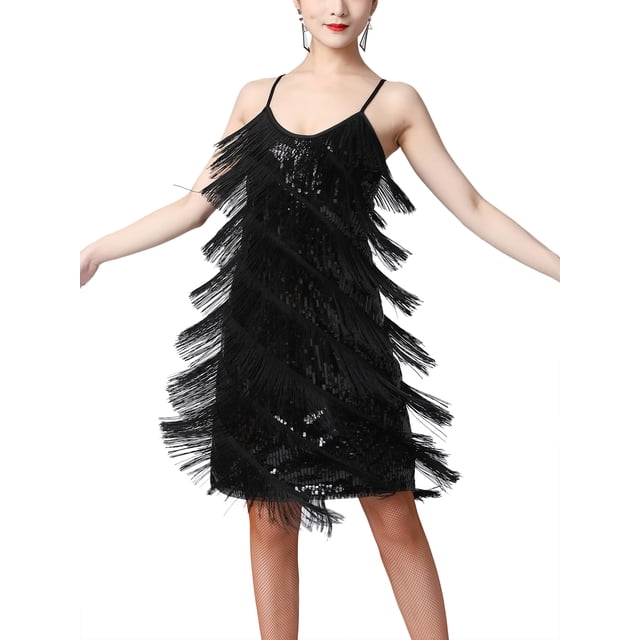 iefiel Robe de Bal Latine à Franges et Sequins pour Femmes Costumes de Danse Années 1920 Robe de Cocktail Mini Noire TTG