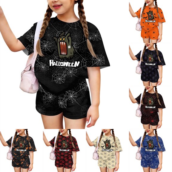 Halloween Costumes for Girls Cute Pumpkin Print 2 Piece Outfits Short Sleeve Tops and Shorts Set Kids Coordinated Clothes