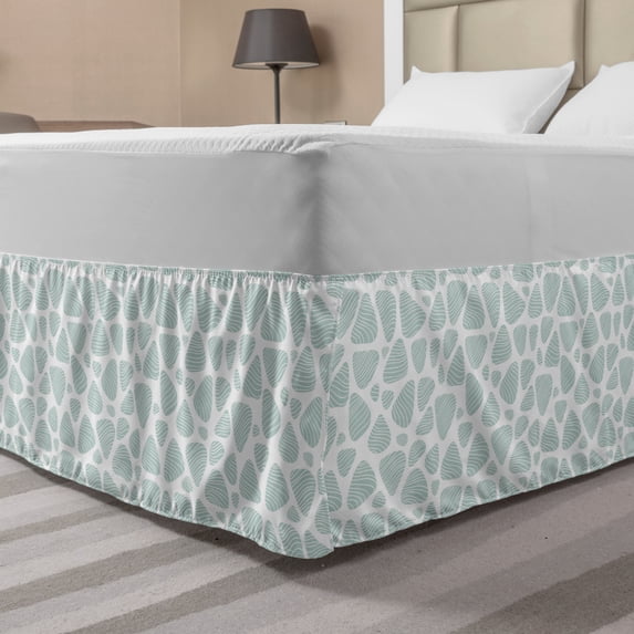 Neutral Color Bed Skirt, Repetitive Pebble Like Shapes Along Wavy Stripes Round Elements, Elastic Bedskirt Dust Ruffle Wrap Around for Bedding Decor, 4 Sizes, Pale Seafoam and White, by Ambesonne