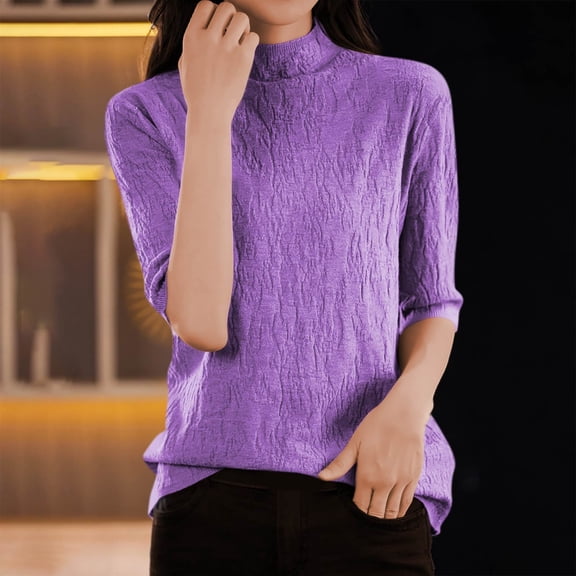 Guieoi Womens Sweaters 2025 Womens Sweaters Clearance Solid Color Mid Sleeved Round Neck Knitted Sweater Thin Sweater Purple Black*Friday/Cyber*Monday Clearance