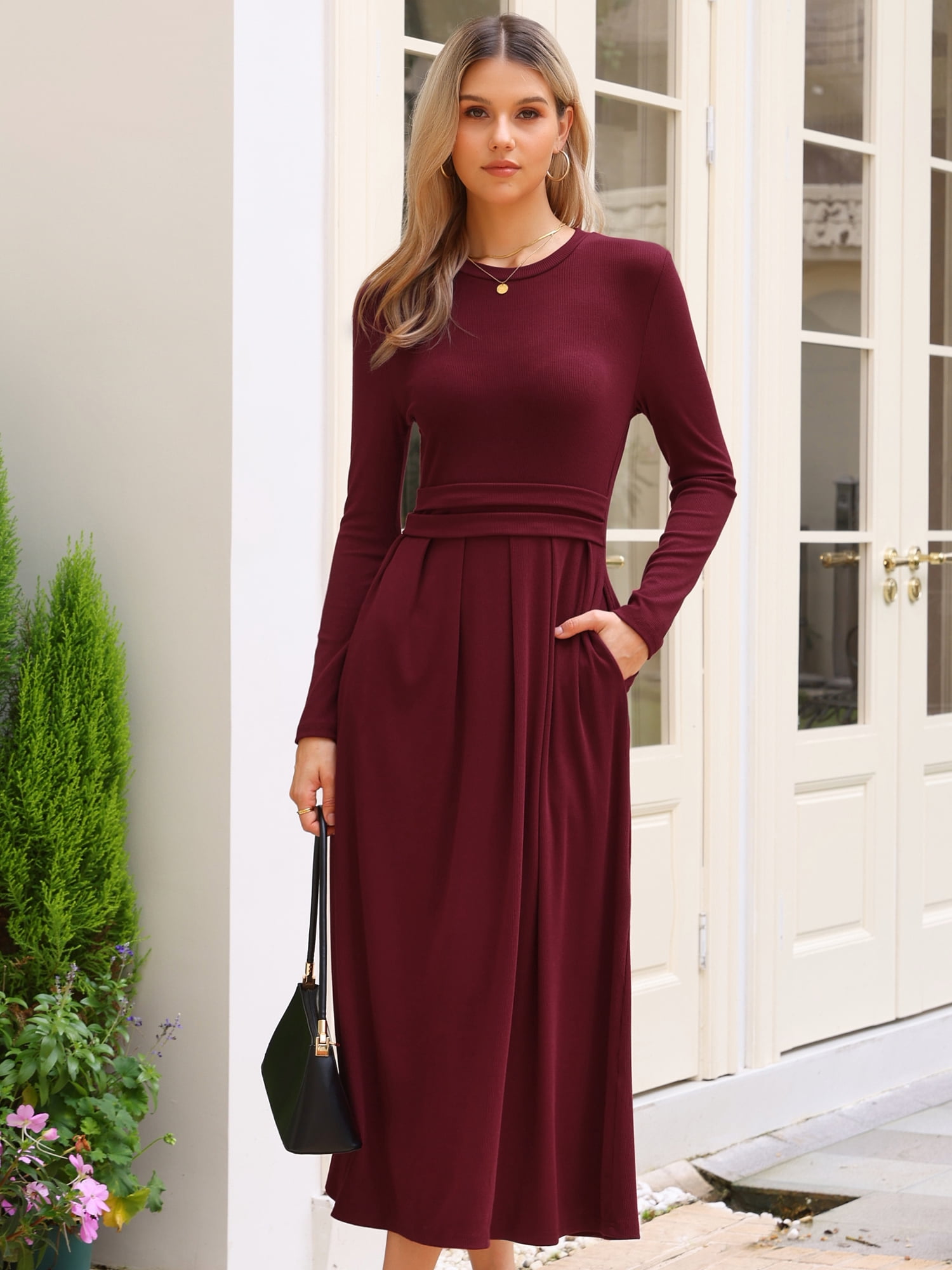 DARING DIVA Women's Long Sleeve Maxi Casual Formal Spring A-Line Dress M Burgundy