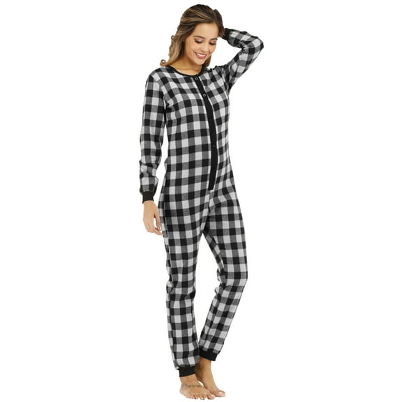 DHFJKG Flannel Plaid Pajamas For Women Jumpsuit Snug Fit Long Sleeve Button Down Onesie Loungewear Suit Fall Winter Soft Nightwear