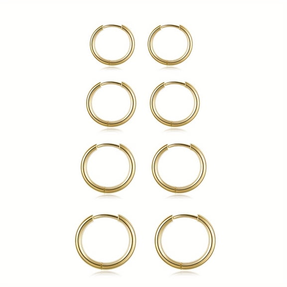 GEMSME Women's Earrings Set Stainless Steel Hypoallergenic Earrings 4 Pairs 18K Gold Plated Huggie Hoop Earrings 8/10/12/16MM