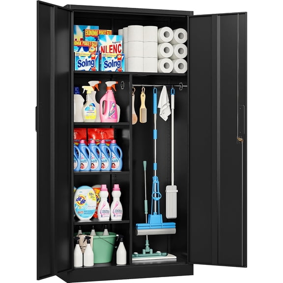 Wide & Deep Metal Storage Cabinet with Hanging Rod,Black Broom Closet Storage Cabinet with Lock,72" Tall Wardrobe Cabinets with Doors and Shelves,Locking Steel Tool Cabinets for Home,Office,Garage
