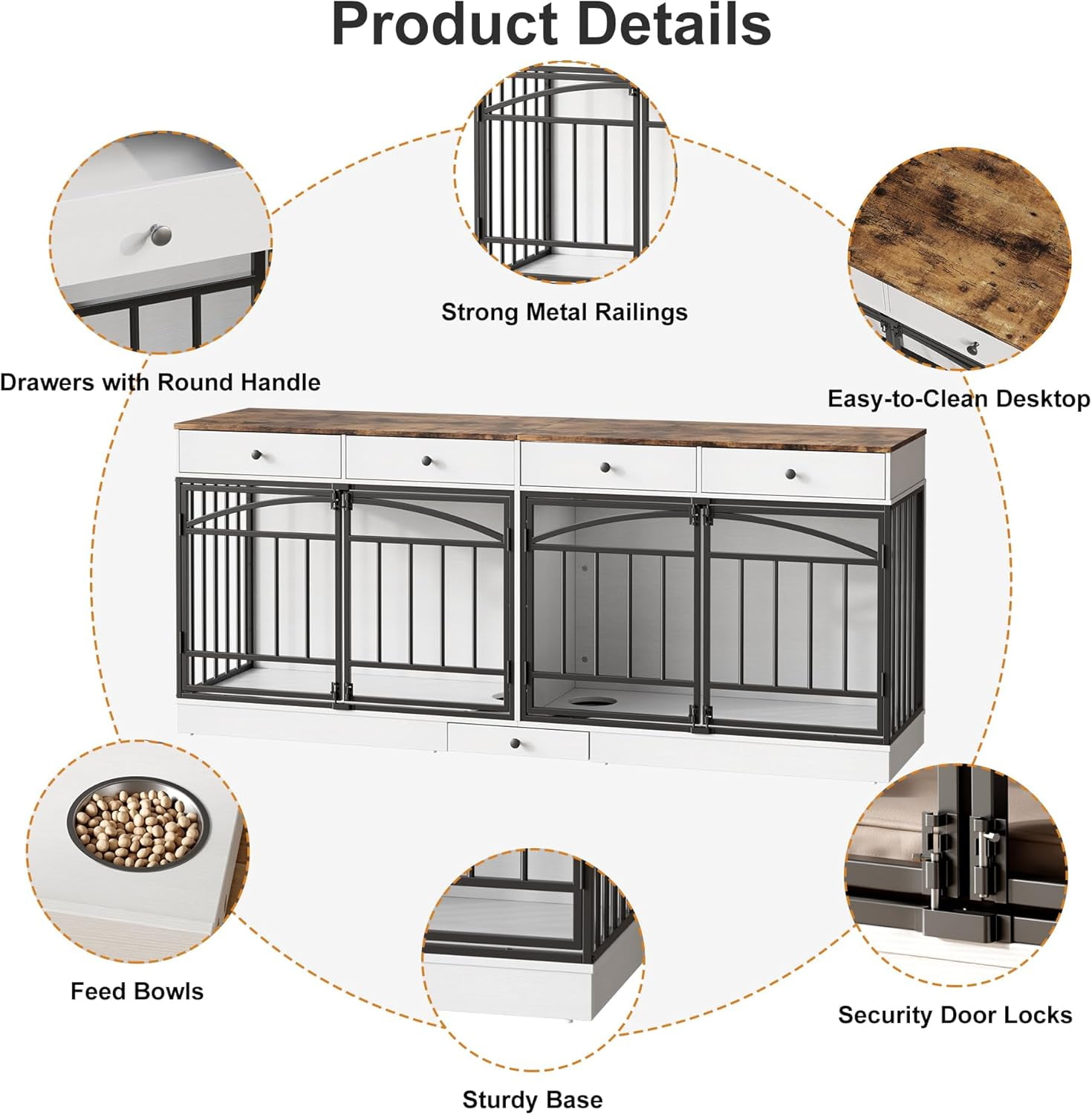 IdealHouse Double Dog Crate Furniture for 2 Dogs, Indoor Pet Kennel TV Stand with 4 Storage Drawers & Feeding Bowls, for Small/Medium Dogs, White