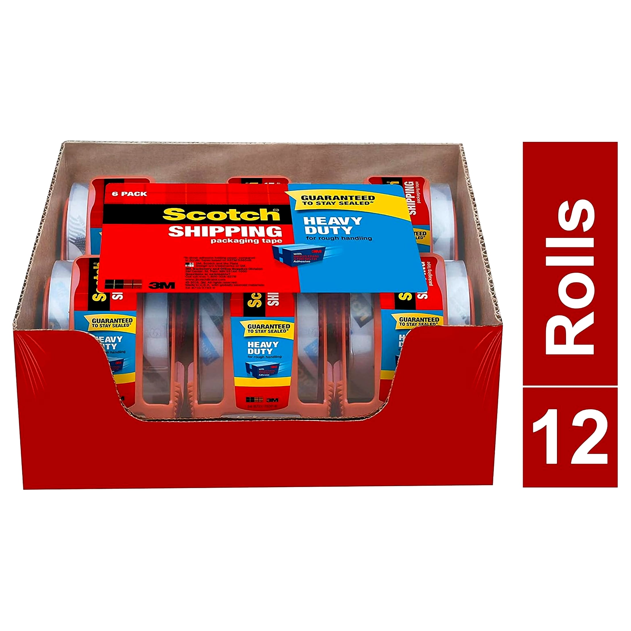 Scotch Tape Heavy Duty Shipping Packaging Tape, 1.88 Inches x 800 Inches, 1.5" Core, Clear, Great for Packing, Shipping & Moving, Rolls with Dispenser 142-6 2 Pack, 12 Rolls 548415484564864
