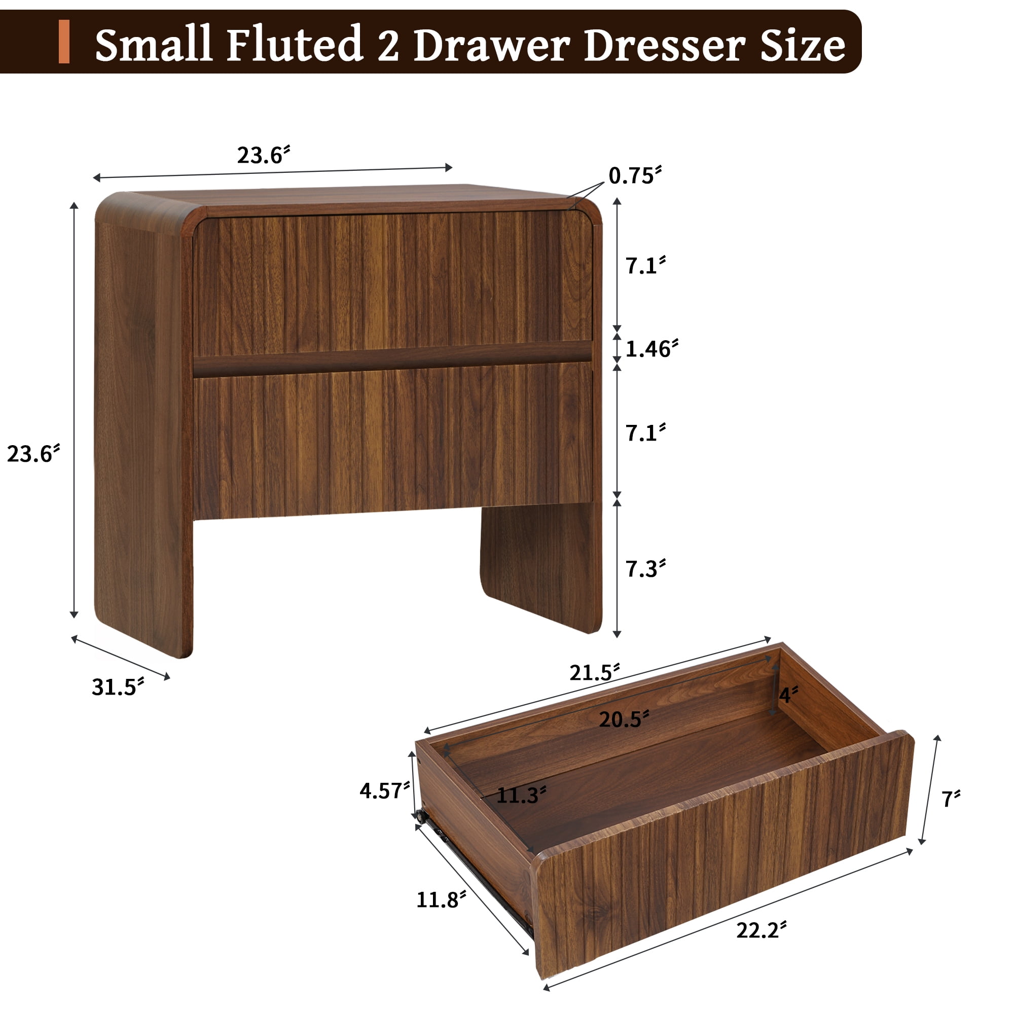 LEFHDA 2 Drawer Fluted Nightstand, Wood Fluted Bedside Table for Bedroom, Mid-Century Modern End Tables(Walnut)