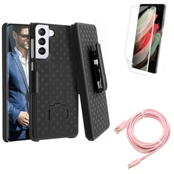 10ft Long USB-C Cable w Matte Screen Protector w Case Belt Clip for Samsung Galaxy S21 Plus - Pink Charger Cord, TPU Film Anti-Glare, Holster Swivel Accessory Bundle