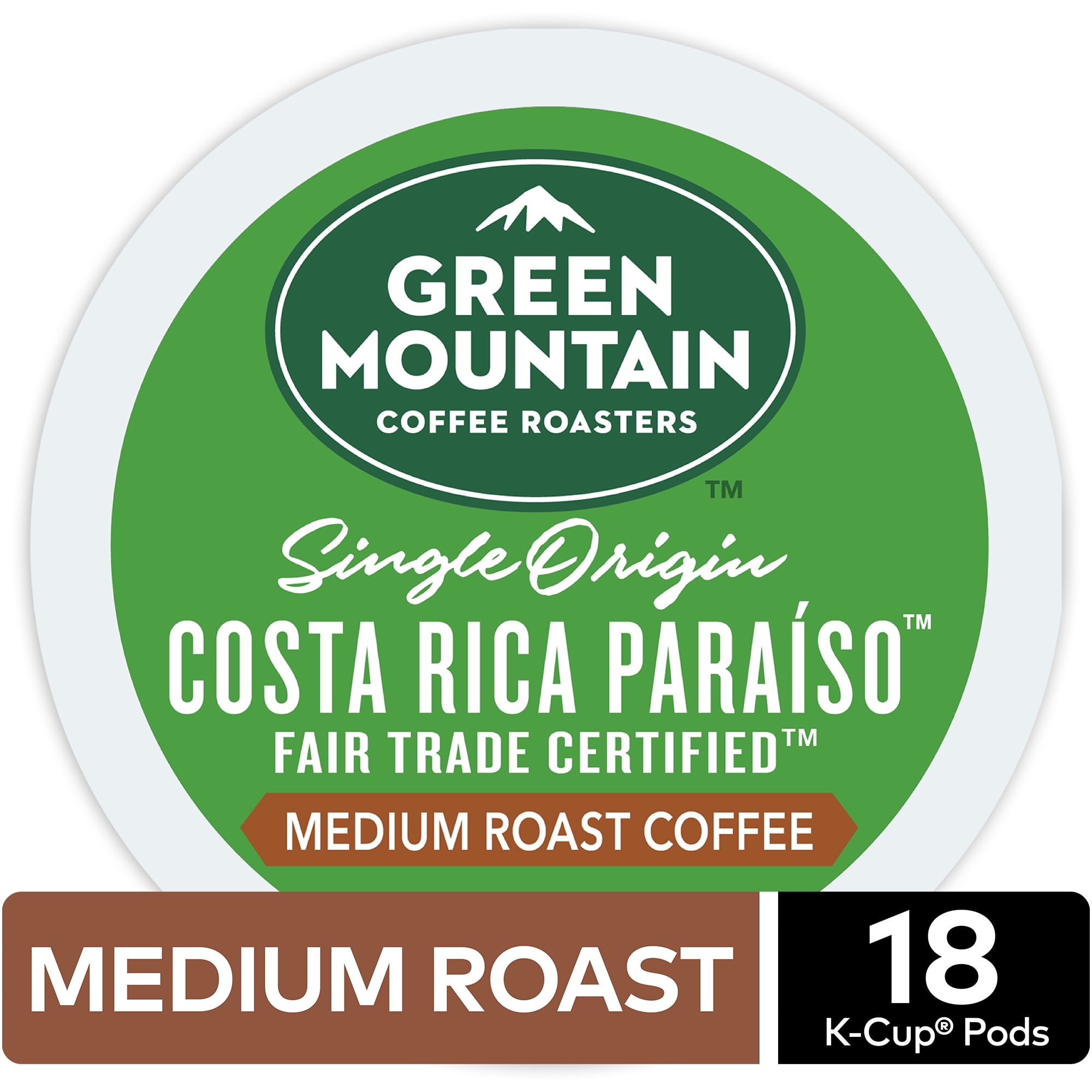 Green Mountain Coffee Costa Rica Paraiso Fair Trade Certified K-Cup Pods, Medium Roast, 18 Count for Keurig Brewers