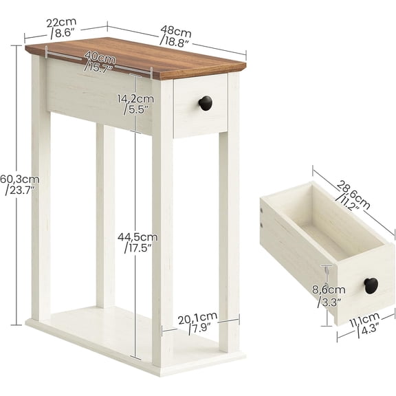 Farmhouse End Table, 2-Tier Narrow Side Table with Drawer, Wooden Nightstand, for Small Space, Living Room, Bedroom, Cloud White and Walnut MBZ13WL