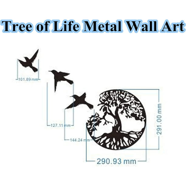 11.8 Black Metal Tree of Life Wall Art - 3 Flying Birds Wall