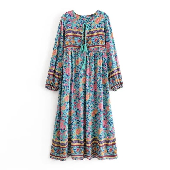 Spring Summer Women Lace-up Tassel Ethnic Wild Floral Print Vocation Beach Bohemian Maxi Dress Boho Dress Robe