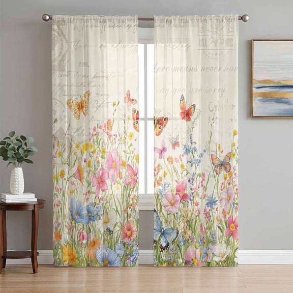 Spring Summer Botanical Semi Sheer Window Curtains 108 Inches Long, Butterfly Floral Vintage Rod Pocket Voile Silky Chiffon Curtain Light Filtering Drapes for Living Room, Kitchen, 52"x108", 2 Panels