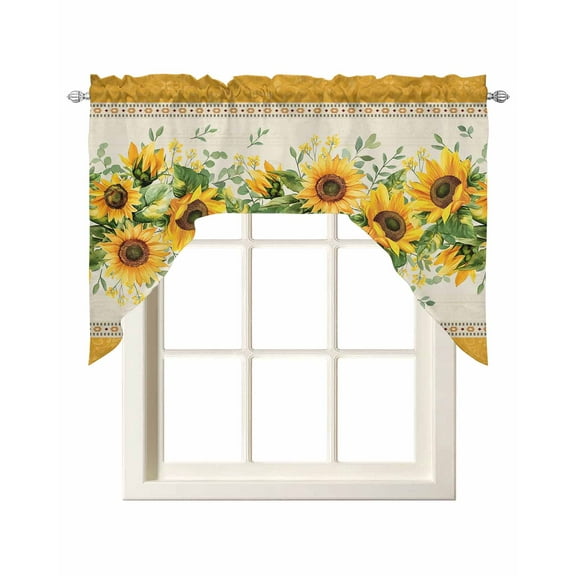 Sunflower Yellow Kitchen Curtains Swag Valance for Windows/Bathroom/Cafe, Retro Southwest Country Plant Leaf Floral Rod Pocket Drape Panel Swag Curtain Valance for Bedroom/Living Room 55''x36''