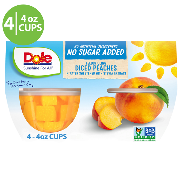 Dole Fruit Bowls No Sugar Added Yellow Cling Diced Peaches, 4 oz, 4