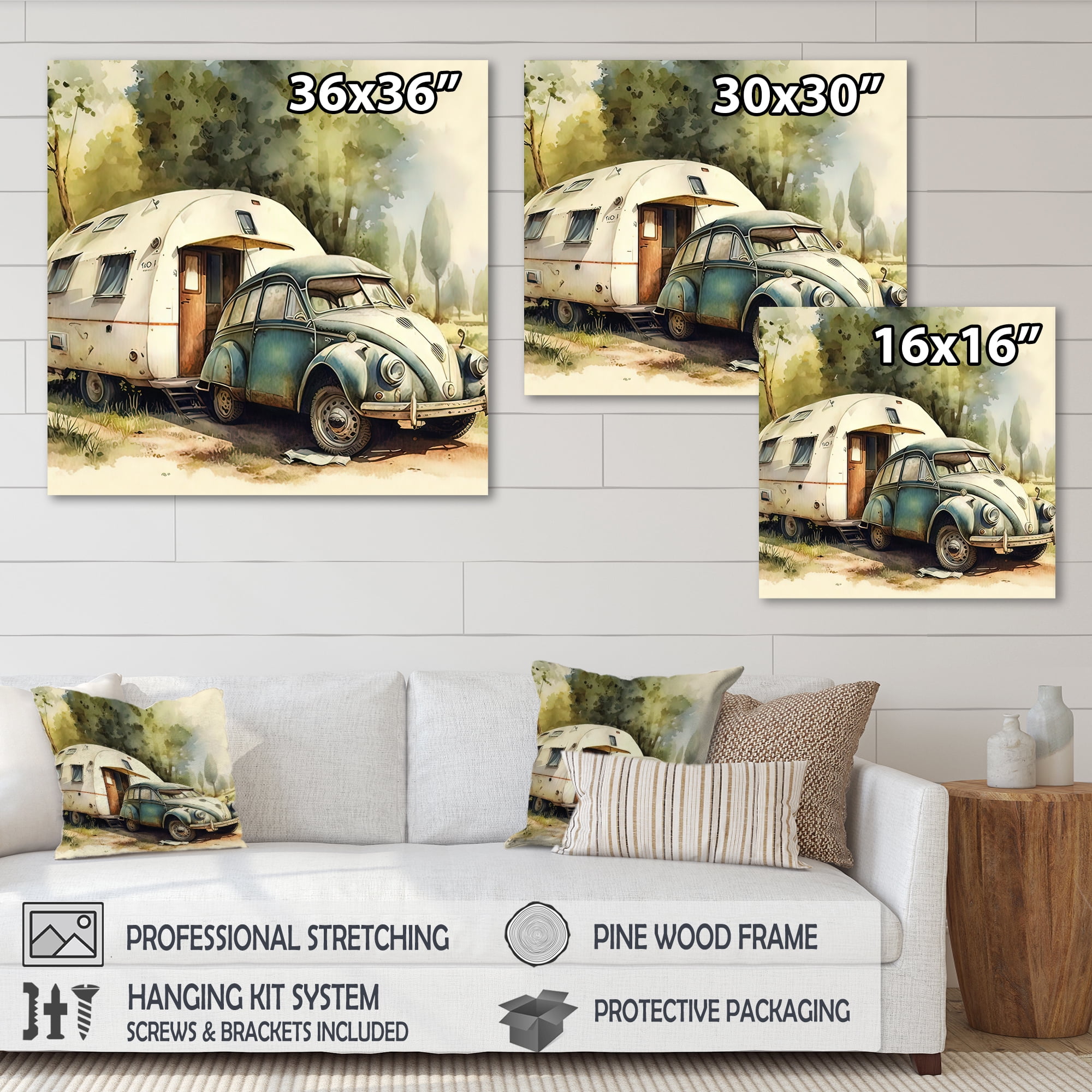 Free Shipping! Designart Vintage Camping Beach Decor Canvas Wall