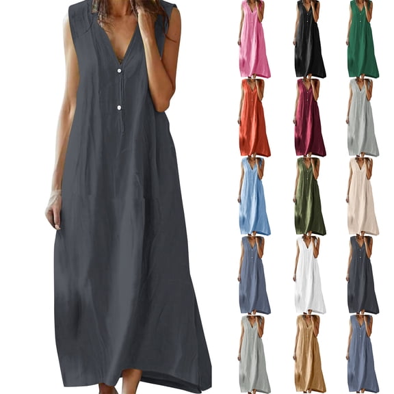 Smsaxvxz Summer Cotton Linen Dresses for Women 2026 Casual Solid Button V-Neck Sleeveless Loose Beach Vacation Long Maxi Sundress Dark Gray 5XL