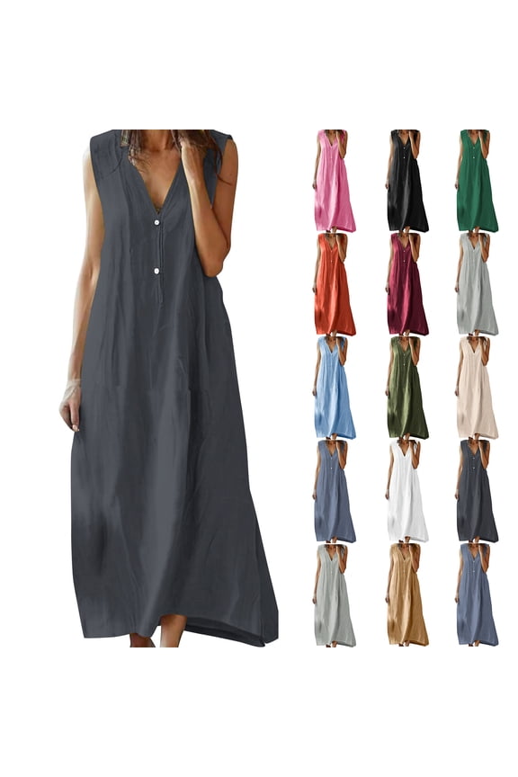 Summer Cotton Linen Dresses for Women 2026 Casual Solid Button V-Neck Sleeveless Loose Beach Vacation Long Maxi Sundress Dark Gray 5XL