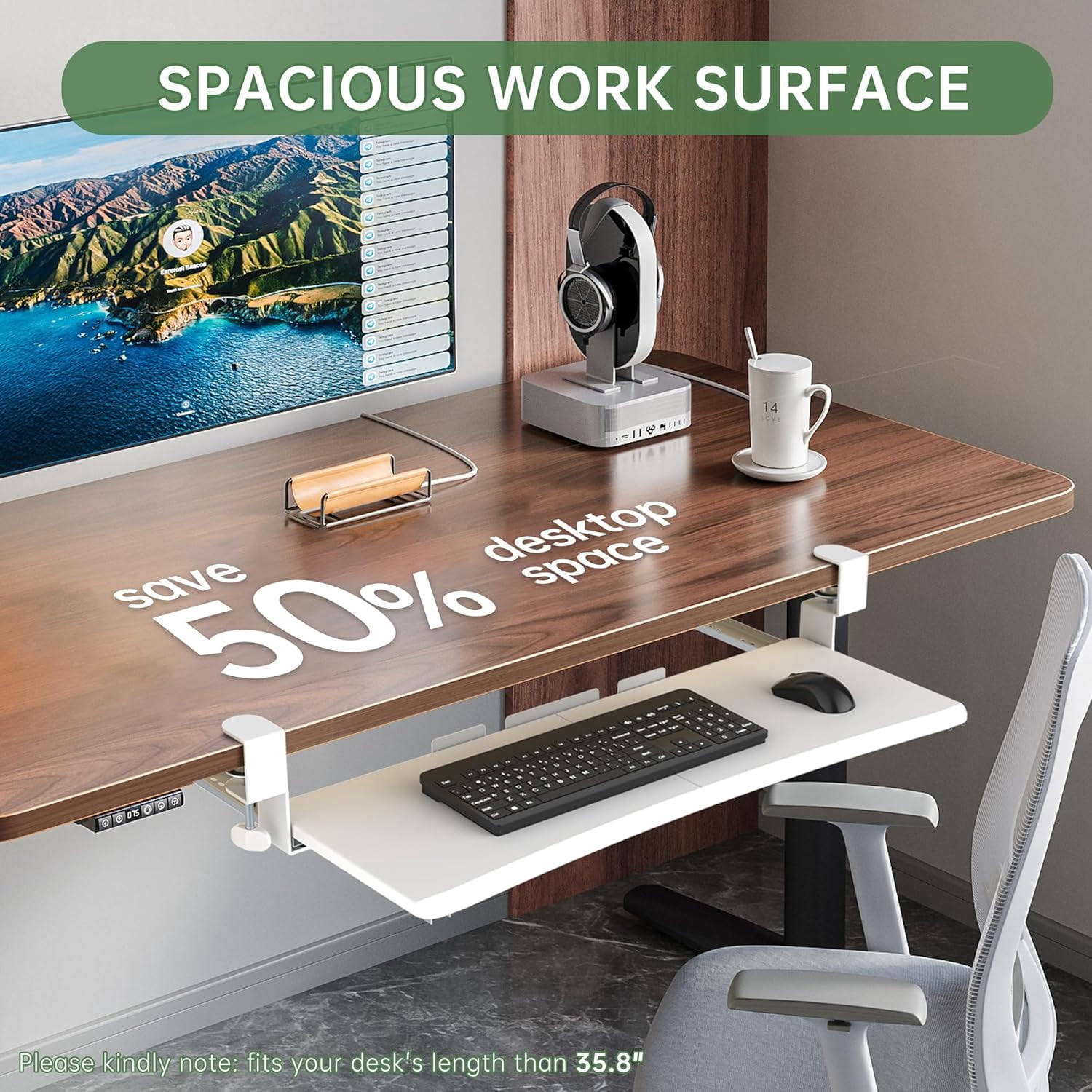 Extra Large Under Desk Keyboard Tray - Slide Out Ergonomic Computer Drawer with Sturdy C-Clip Mount, 31.5" x 11.8" White for Home Office & Gaming