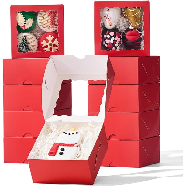 Paquete de 50 cajas de panadería rojas con ventana - Macaron Cookie Chocolate Trufa Fresa y Mini Cake Cajas de regalo para fiestas de San Valentín, cumpleaños, bodas
