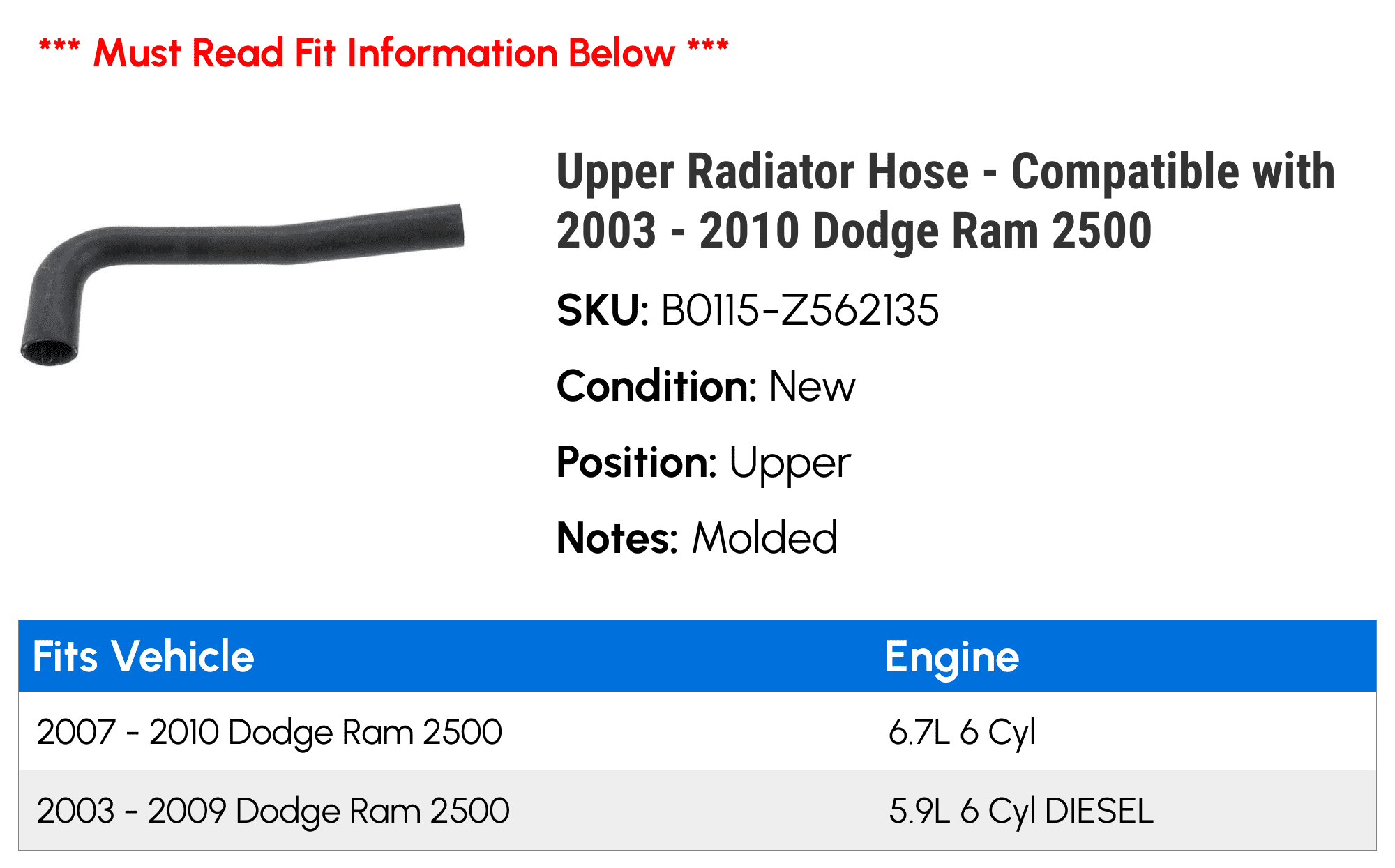 Upper Radiator Hose - Compatible with 2003 - 2010 Dodge Ram 2500 2004 2005 2006 2007 2008 2009