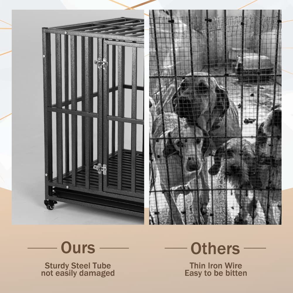 SMONTER Heavy Duty Dog Crate-42 inch Large Metal Dog Cage with 2 Doors and 4 Wheels, Stackable Dog Kennel for Large & Medium Dogs, Removable Tray