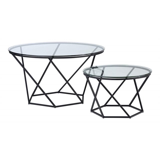 Pemberly Row Nesting Glass Top Round Coffee Table Set in Black