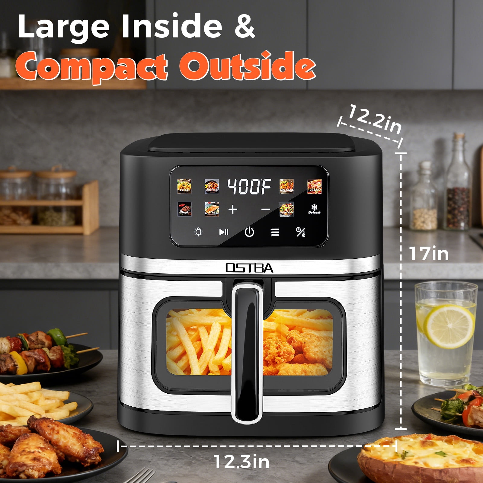 OSTBA 8.5QT Air Fryer with Viewing Window & Light, 1700W Digital Hot Air Fryer, 8 Presets, Defrost Function, Nonstick Dishwasher Safe Basket, Family Size Air Fryer, Black