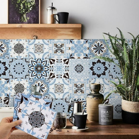 24 Sheet Wall Stickers Blue Flowers Tiles Decor Kitchen Backsplash Self Adhesive Vinyl Decals Peel and Stick 6x6"