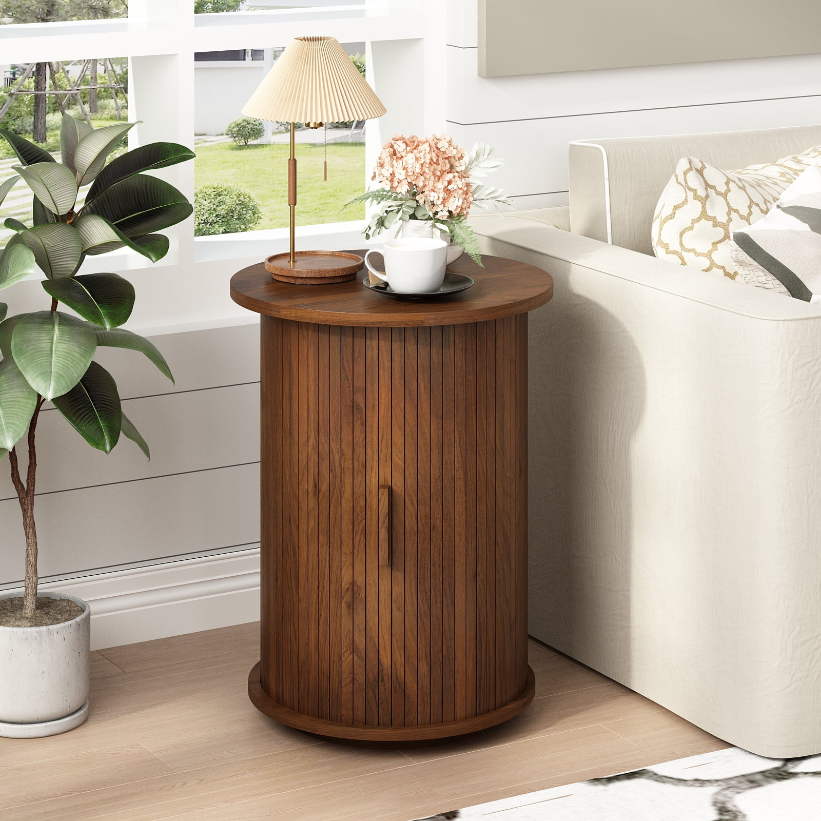 18'' Fluted Round End Tables with Sliding Door, Modern Side Table Nightstands for Living Room Bedroom, Walnut