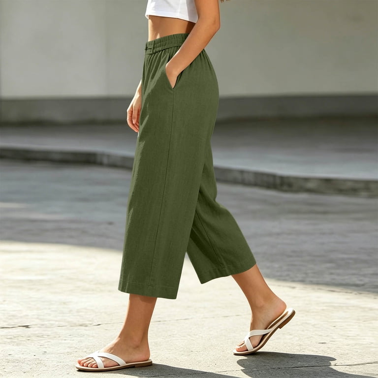 Hfnxid Capri Pants for Women Casual Elastic Waist Wide Leg Capris