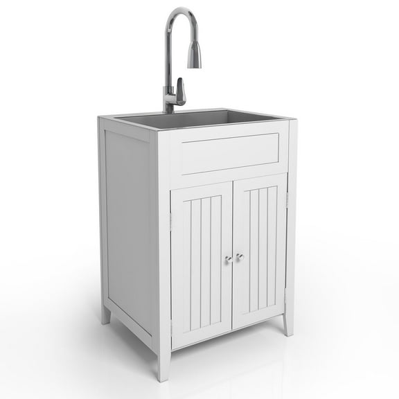 Ktaxon Stainless Steel Utility Sink Laundry Sink with Cabinet and Pull-Out Sprayer Faucet, White Cabinet with Sink for Utility Room, Kitchen, Bathroom
