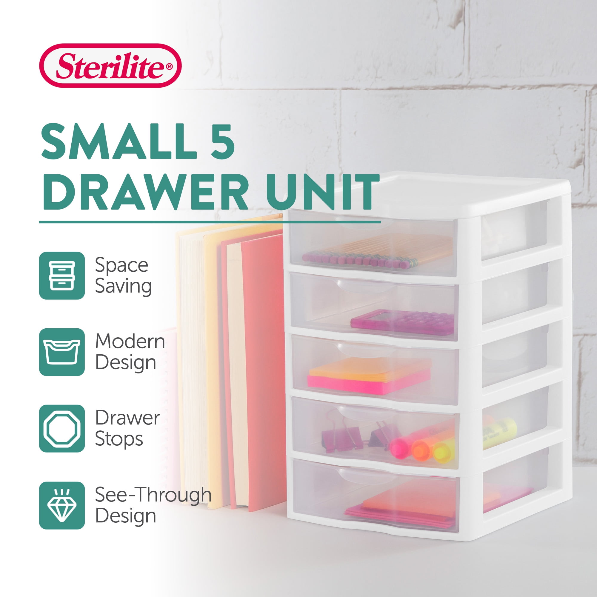 Sterilite Clearview Small Plastic 5 Drawer Desktop Storage System, 16 Pack