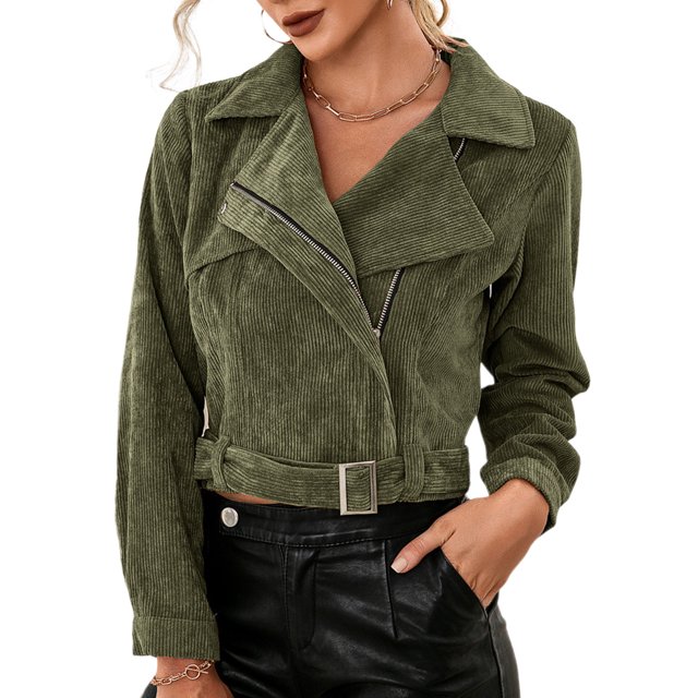 Chaqueta Chaqueta de motorista para mujer, chaqueta recortada a la moda de pana suave, prendas de vestir para otoño e invierno Ygjytge Verde Militar S para Mujer