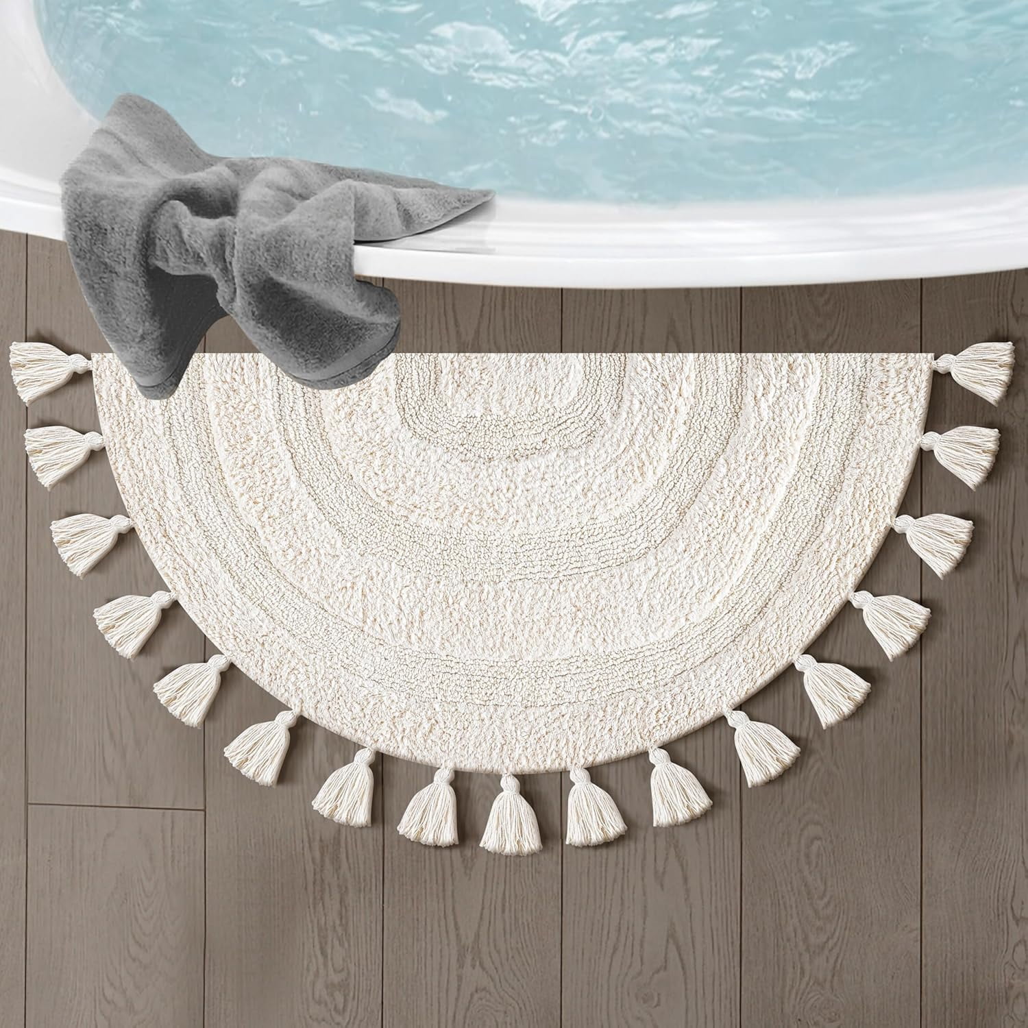 Cotton Half Circle Boho Bathroom Rug with Antiskid 22"x36" Ivory – 100% Cotton Scalloped Bath Mat, Anti‑Skid, Soft & Absorbent Bathroom Rug for Shower, Tub & Entryway