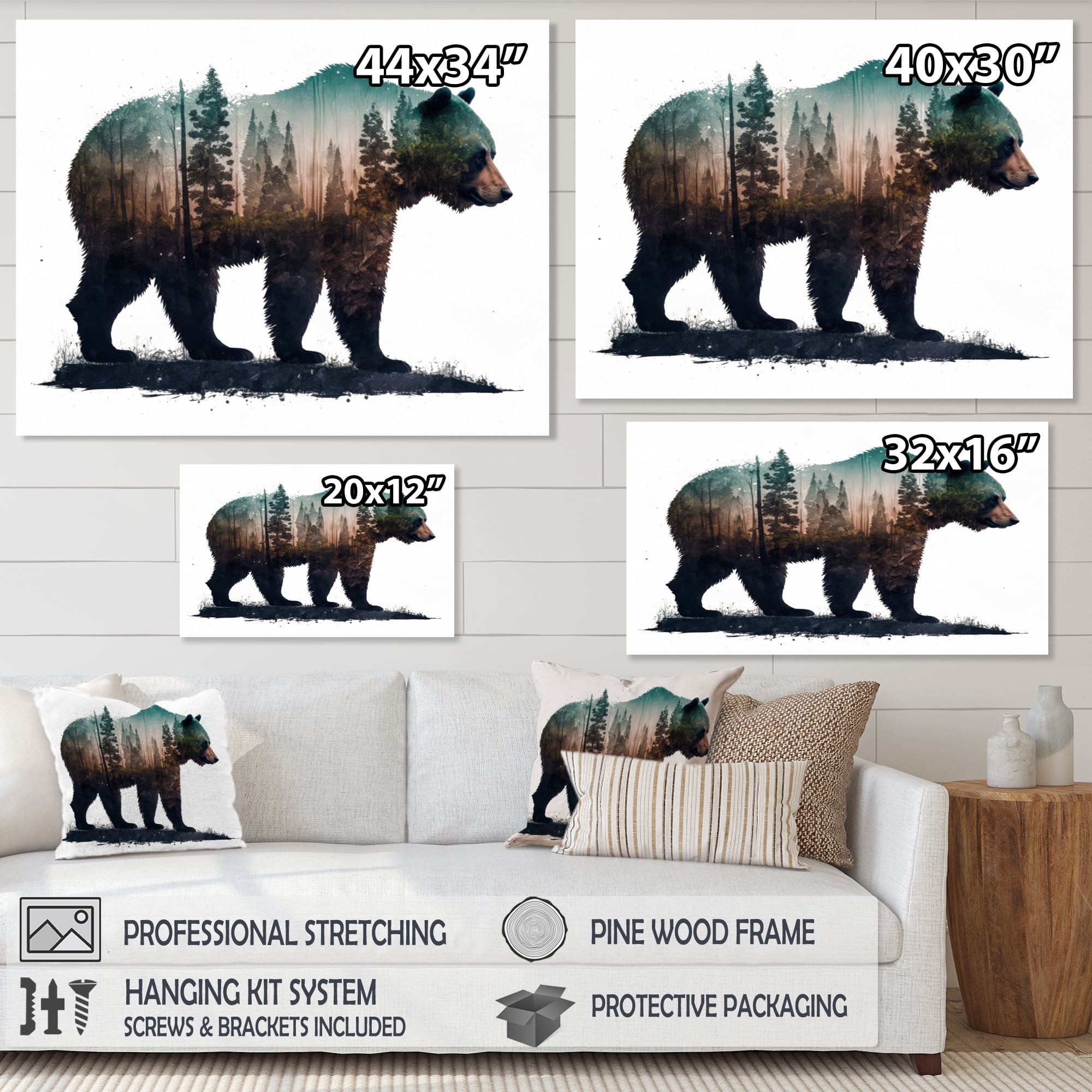 Designart Double Exposure Of A Bear With Forest II Canvas Wall Art