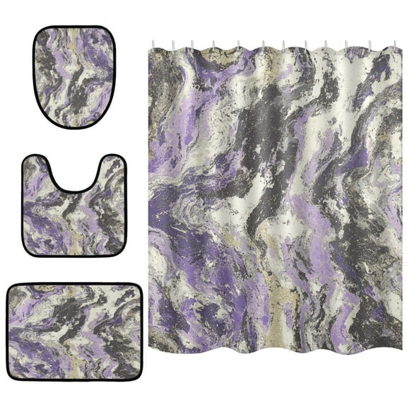 Art Purple and Black Pattern Bathroom Accessory Curtain Sets Bath Curtain Anti-Slip Mats and Toilet Pad 66x72in