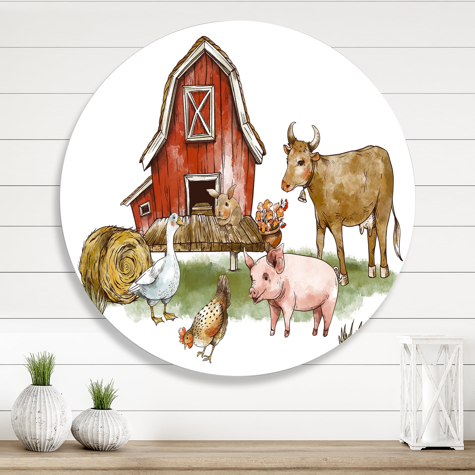 Designart 'Farm House With Goose Cow Pig Chicken and Haystack' Rustic Circle Metal Wall Art 11x11 - Disc of 11