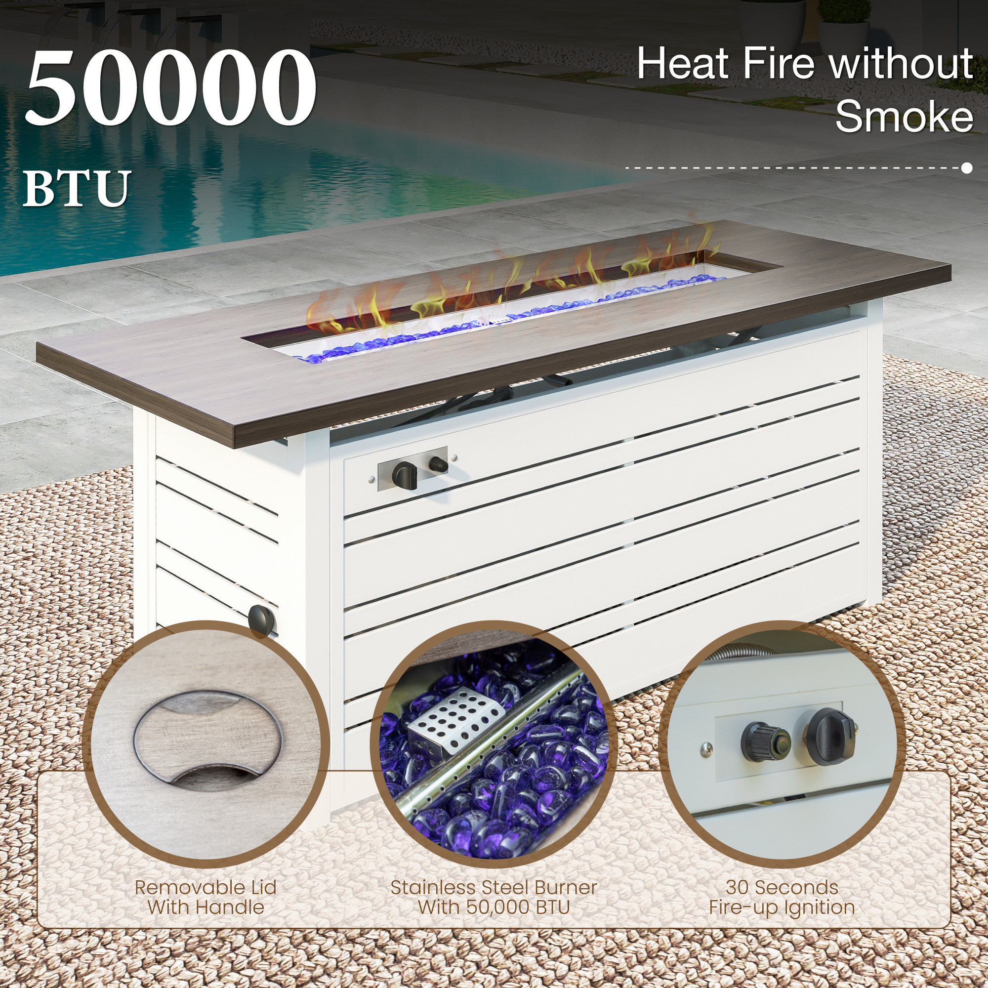 Summit Living 56" Rectangular Propane Fire Pit Table, 50,000 BTU Gas Fire Pit with Lid and Blue Fire Glass, White