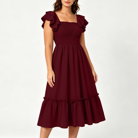 QUNYINEY Long Women's Dresses Red Summer Casual Ruffle Short Sleeve A Line Dress Loose Fit Square Neckline Pleated Flowy Dresses